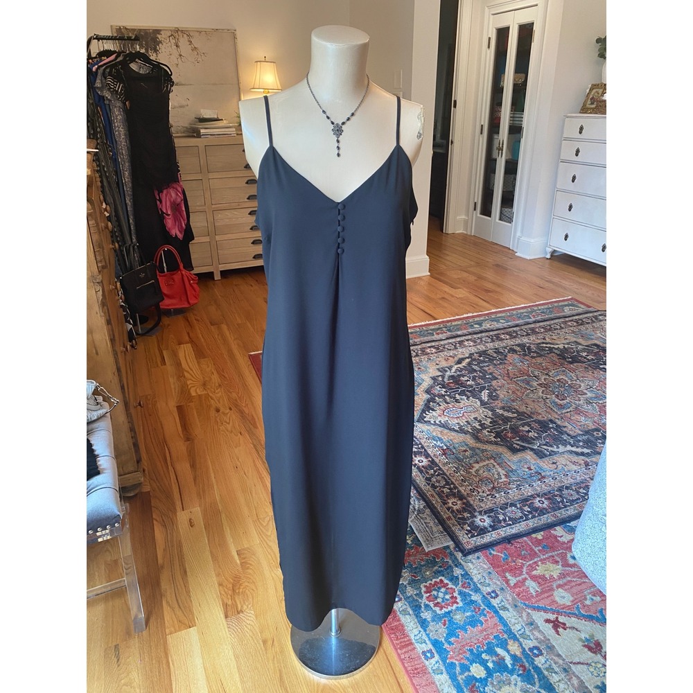 Fab'rik Black V-Neck Midi‎ Slip Dress with Faux Buttons Womens Size M